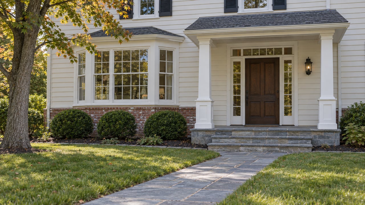 Traditional ivory clapboard home with an oak entrance, slate approach, broad lawn and a mature maple.