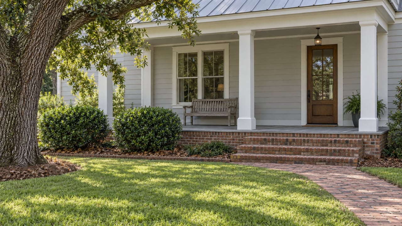 A mature live oak shades the garden of a pale-sided home with a raised brick porch, white posts and weathered teak bench.