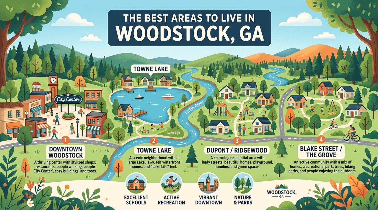 Infographic map of four Woodstock, Georgia neighborhoods, highlighting downtown, Towne Lake, parks, and recreation.