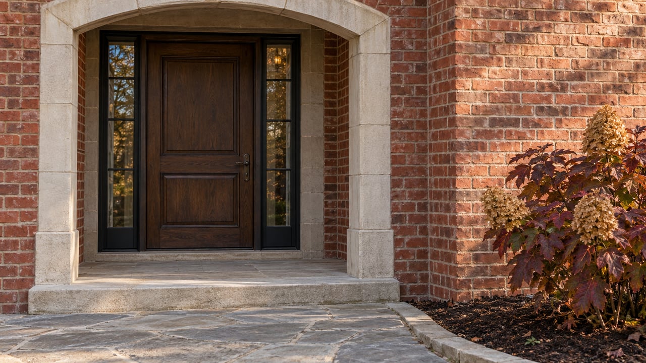 Recessed oak front door with paired sidelights beneath a limestone arch, surrounded by red brick and autumn oakleaf hydrangea.