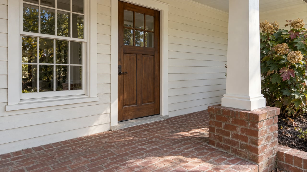 Covered home entrance with a glazed walnut door, off-white clapboard, red brick porch and oakleaf hydrangea.