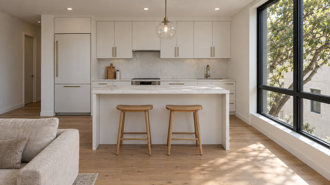 Light oak floors and white cabinetry in a compact condo kitchen, with a quartz island and a black-framed window overlooking an oak canopy.