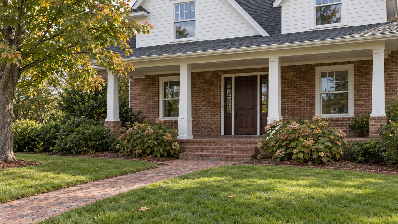 A brick and white-sided house with a covered porch, brick front walk, and autumn maple beside a deep front lawn.