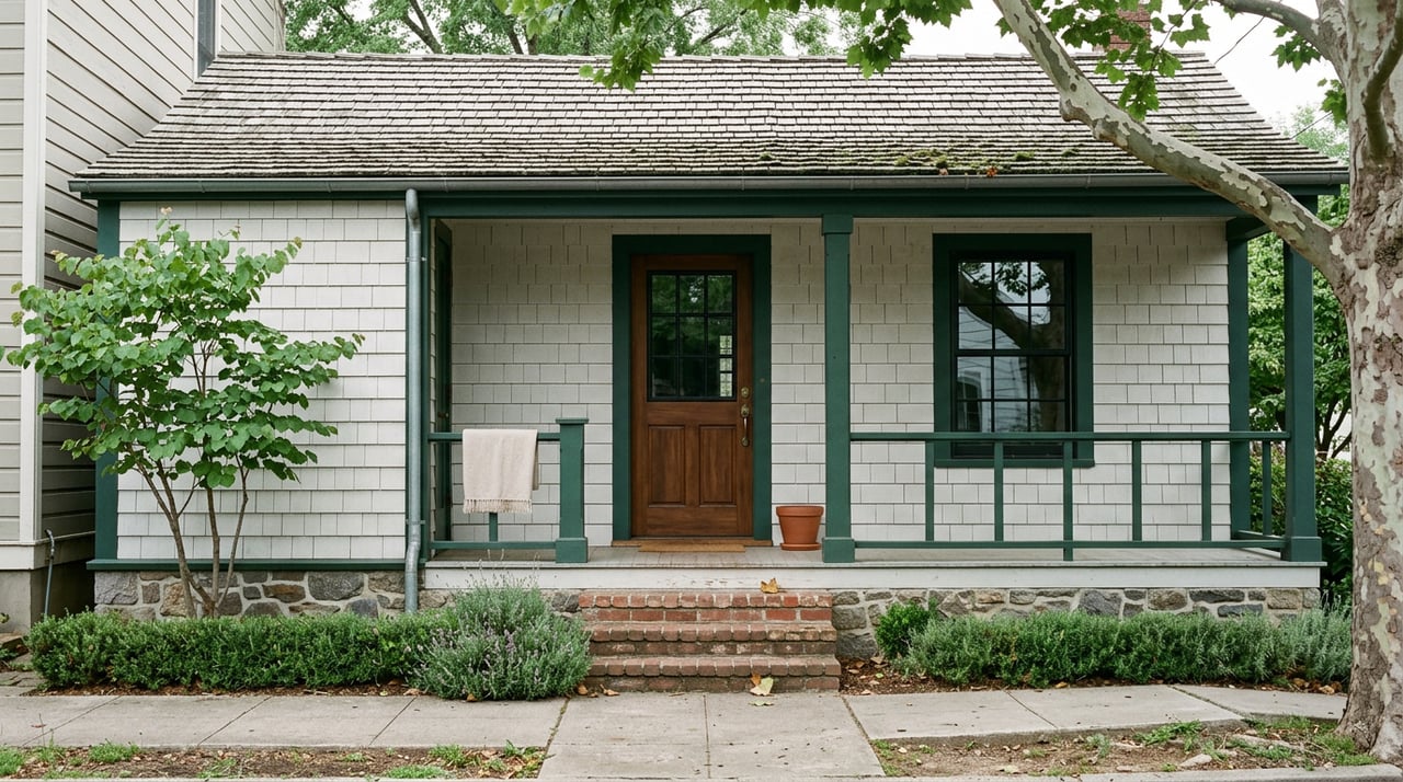 Historic cottage with forest-green trim, fieldstone base, brick steps, and a sycamore shading its cedar roof.