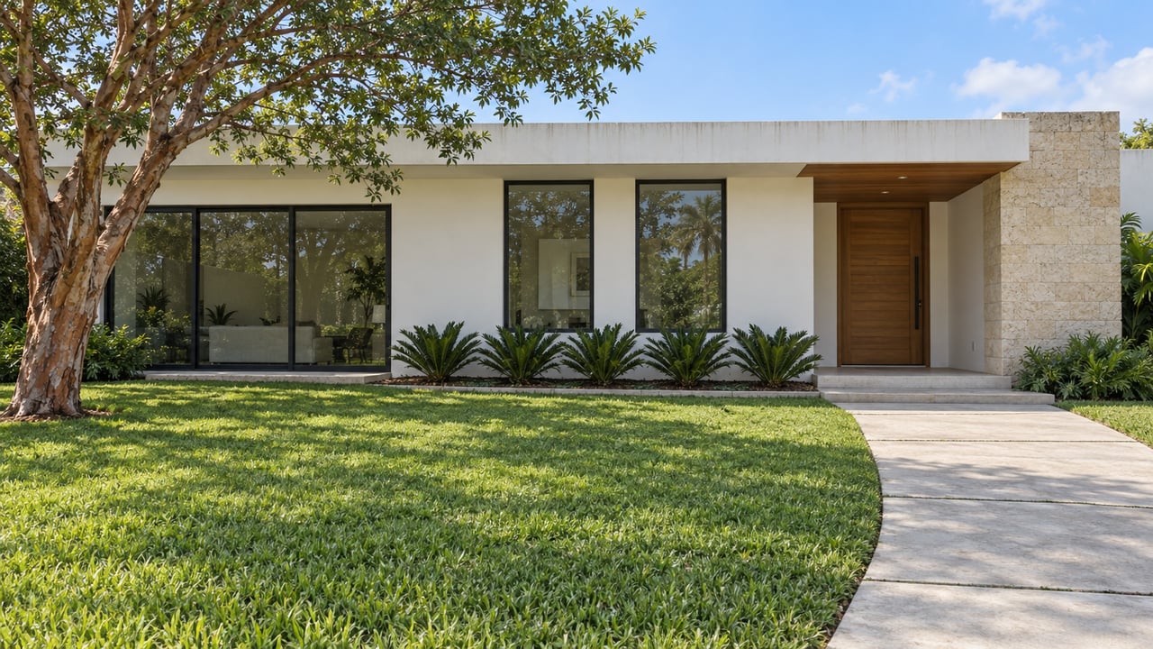 Low white-stucco home with bronze-framed windows, a wood-lined entry, broad lawn and a sculptural copper-barked tree.
