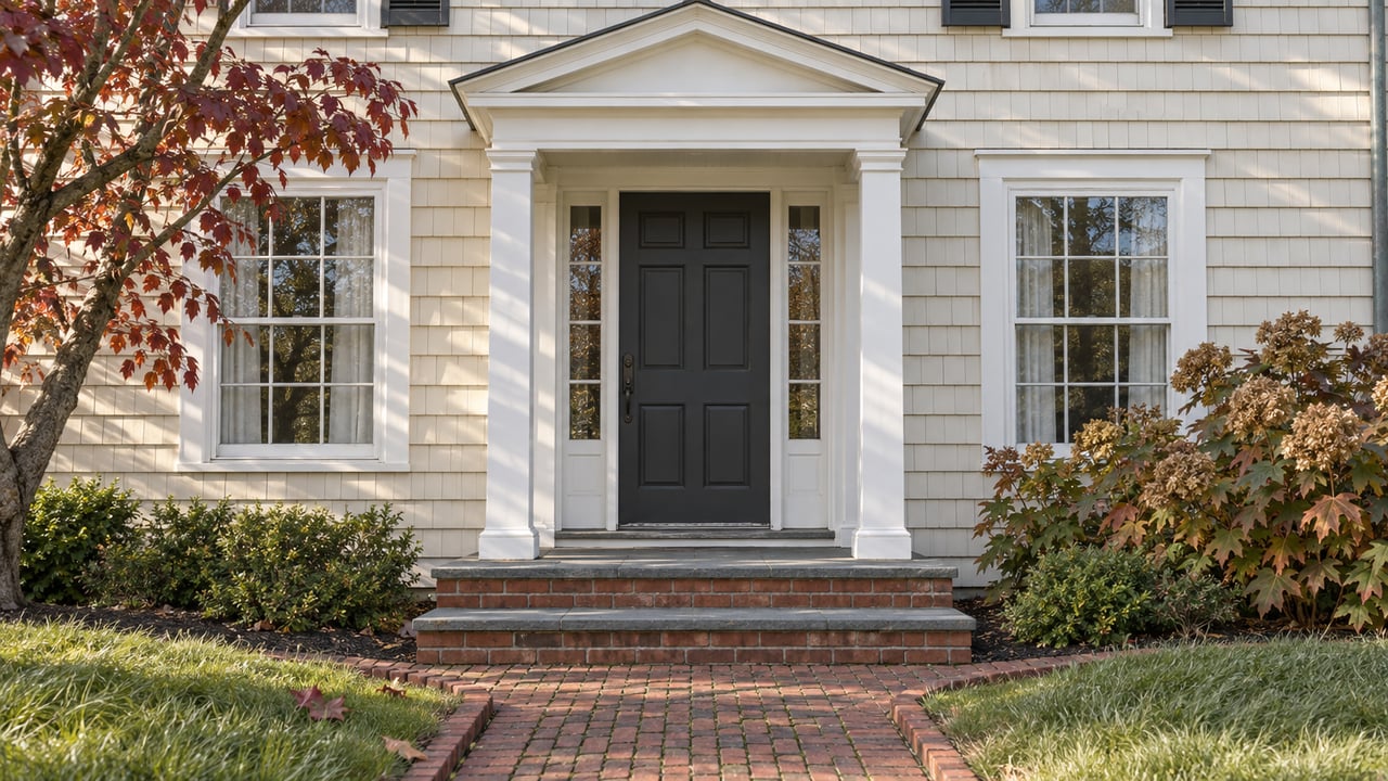 Ivory-shingled home entrance with white columns, charcoal door, brick and bluestone steps, and burgundy autumn dogwood leaves.