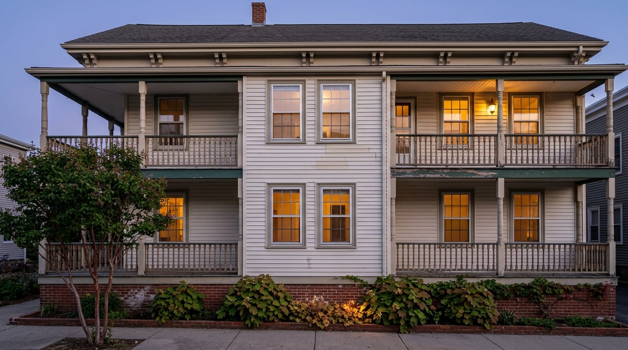 Three-story white clapboard dwelling with stacked porches, green trim, and a glowing porch light at dusk.