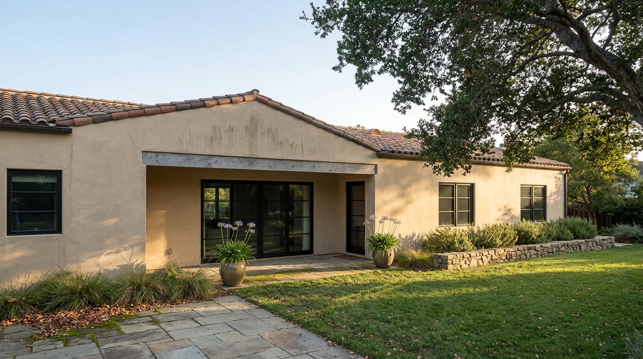 Stucco home with black-framed sliding doors, a flagstone patio, lawn, and a mature oak tree.