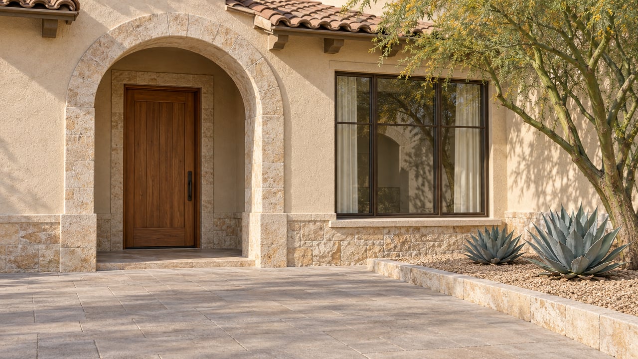 Cream stucco home with a limestone-trimmed arched oak entry, bronze-framed window, and sculptural desert planting beside a broad paved approach.