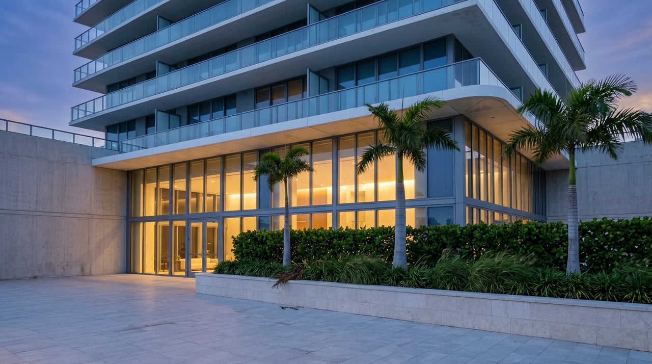 Luxury tower entrance glowing warmly behind glass, with tropical palms and a paved forecourt at dusk.