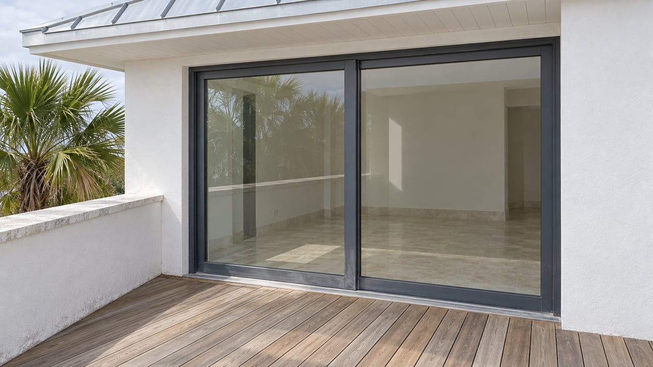 A covered teak terrace with closed charcoal-framed sliding glass doors, pale stucco walls and a single fan palm beside a solid parapet.