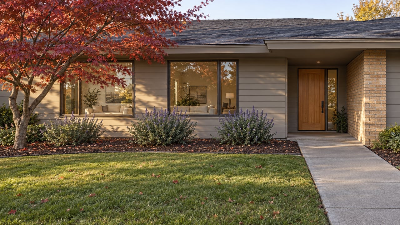 Single-story wood-sided home with a recessed oak entrance, broad front lawn and copper-red Japanese maple in afternoon light.