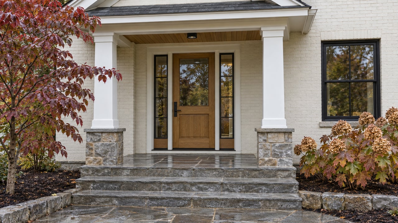 Covered entry of a cream brick home with an oak glazed door, paired white columns, gray stone steps and autumn dogwood and oakleaf hydrangeas.