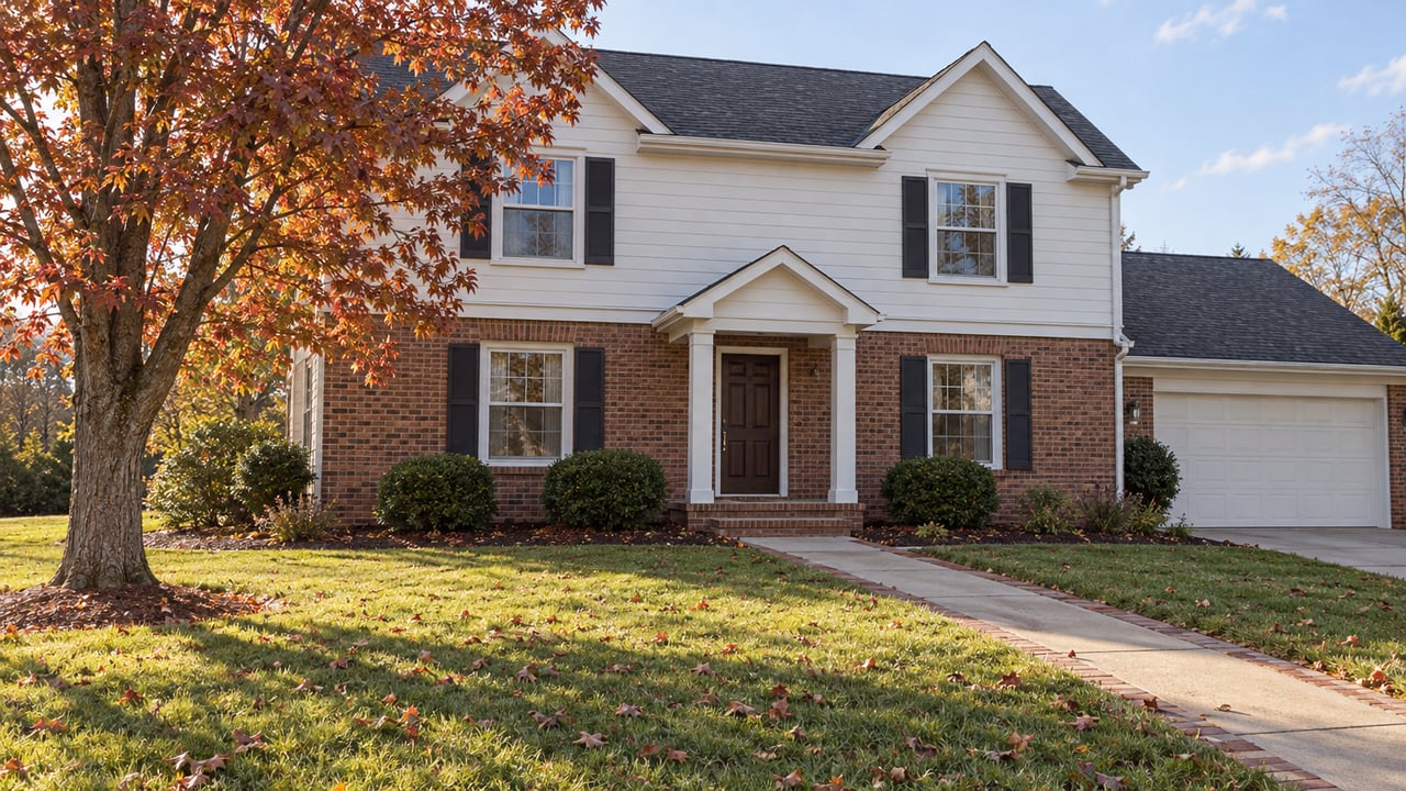 Brick and white-sided two-story home beyond a deep autumn lawn, with a maple tree and a concrete front walk.