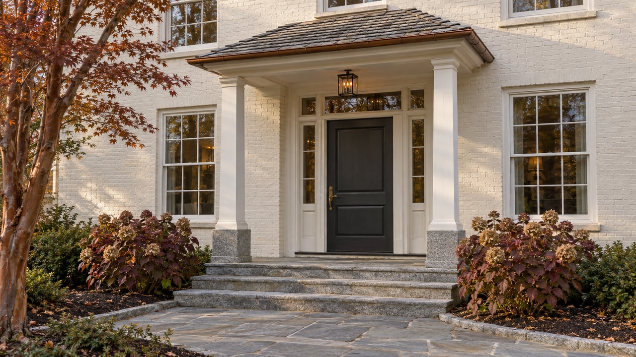 Ivory painted-brick house entrance with a charcoal door, granite steps, copper flashing and autumn foliage.