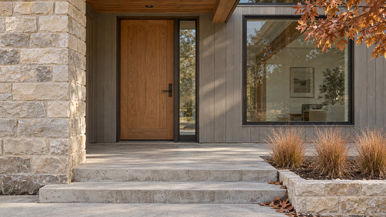 Close exterior view of a stone and timber home entry with an oak door, bronze-framed window and copper-colored autumn grasses.
