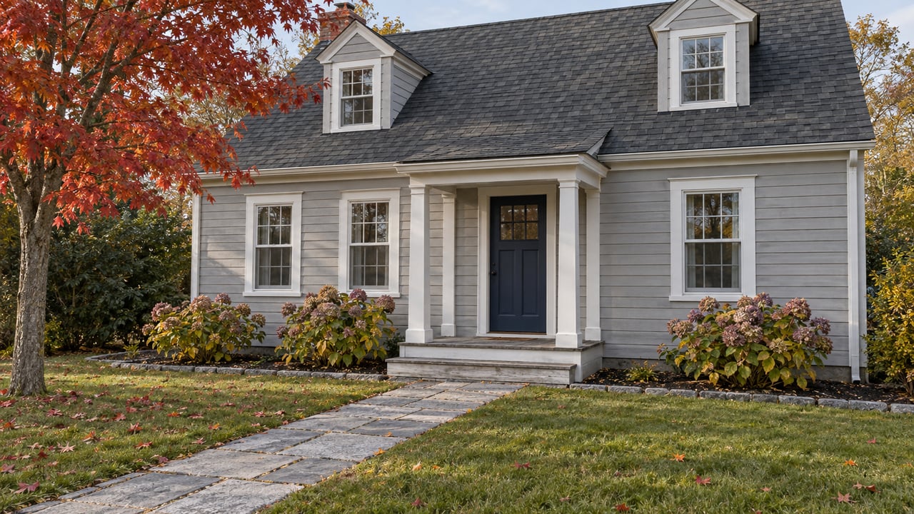 Gray clapboard home with dormers and a covered entry behind an autumn lawn, granite walk and faded hydrangeas.