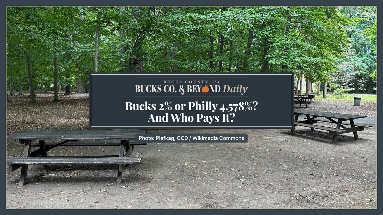 Bucks Co. & Beyond Daily: Bucks 2% or Philly 4.578%? And who pays it? Wooden picnic tables under tall green shade trees in a picnic grove at Neshaminy State Park in Bensalem.