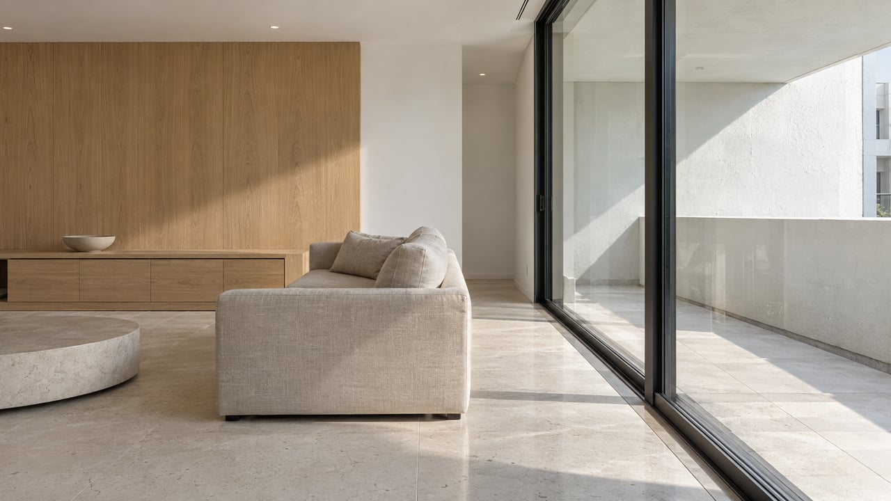 Condominium living room with a sand linen sofa, pale oak cabinetry, and closed sliding glass doors to a balcony.