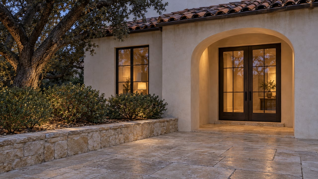A softly illuminated arched entry with oak French doors, limestone terrace and mature oak beside ivory stucco walls.