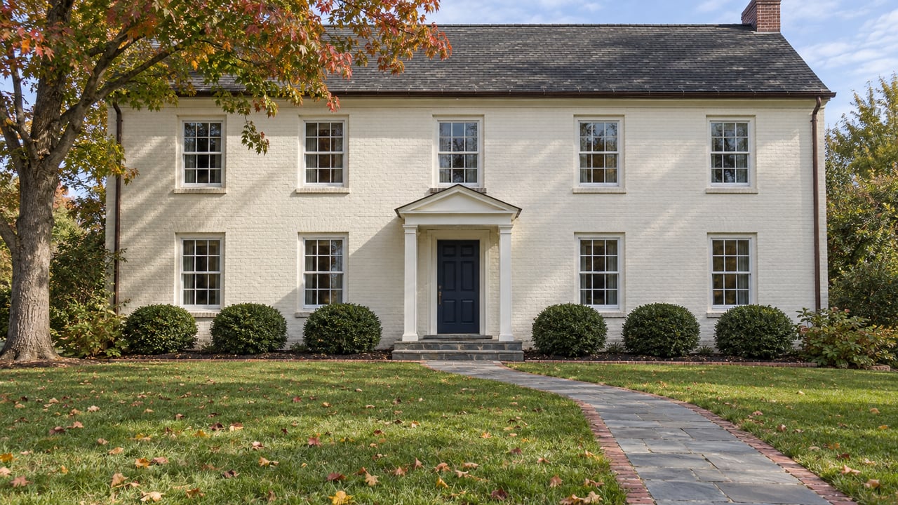 Cream-painted brick house with a slate front walk, deep lawn and a mature maple beginning to turn red and amber.