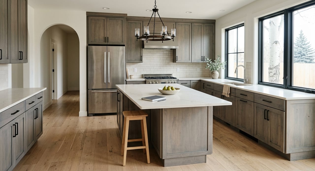 Spacious kitchen with a white quartz island, gray oak cabinetry, black faucet, and fiddle-leaf fig by the window.