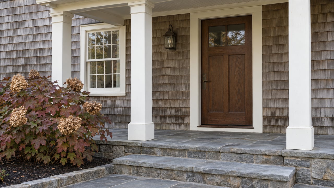 Weathered cedar-shingle home entrance with an oak door, ivory porch columns, bluestone steps and burgundy oakleaf hydrangea.