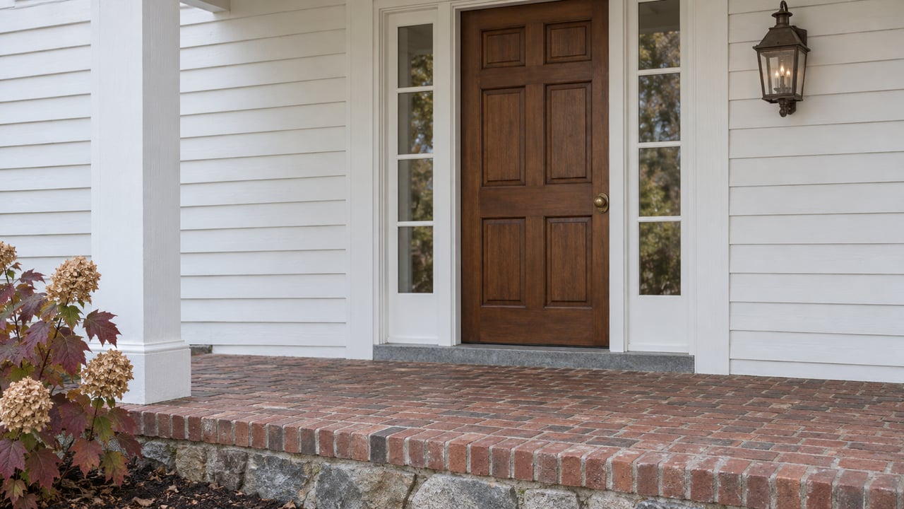 White clapboard entry porch with a stained wood door, paired sidelights, aged brick paving and burgundy oakleaf hydrangea.