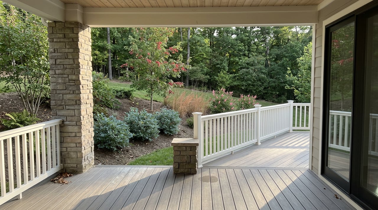 Covered deck with white railing overlooks a planted slope and dense trees in warm late-afternoon light.