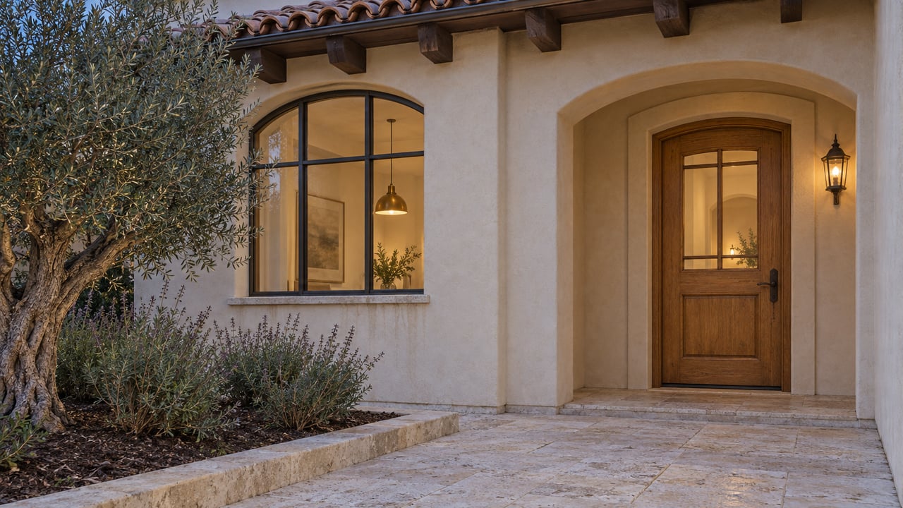 Dusk light on a stucco home's recessed oak entry, arched window, limestone approach and mature olive tree.