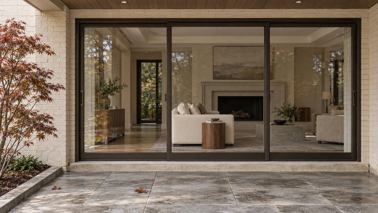 An ivory painted-brick home's covered stone terrace faces bronze-framed glass sliders, with a warm family room inside and a russet Japanese maple beside the terrace.