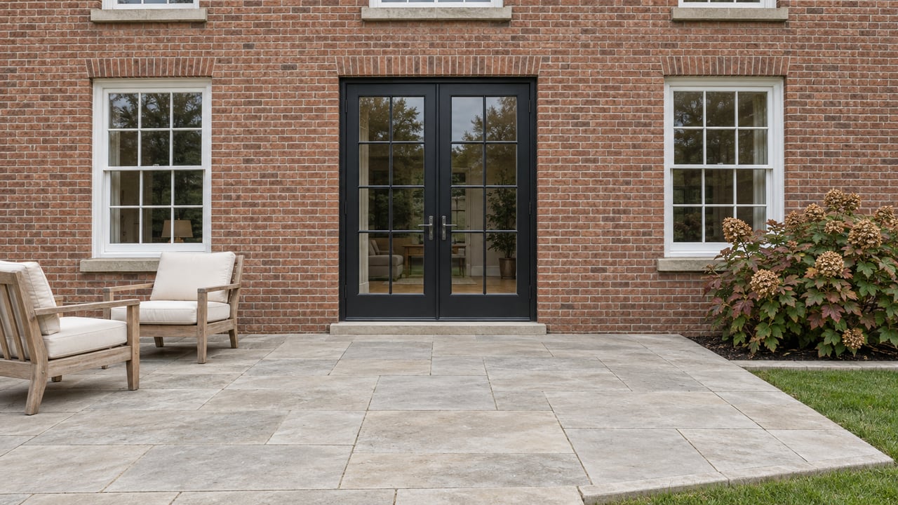 Weathered brick home opening onto a limestone terrace with teak chairs and oakleaf hydrangea.