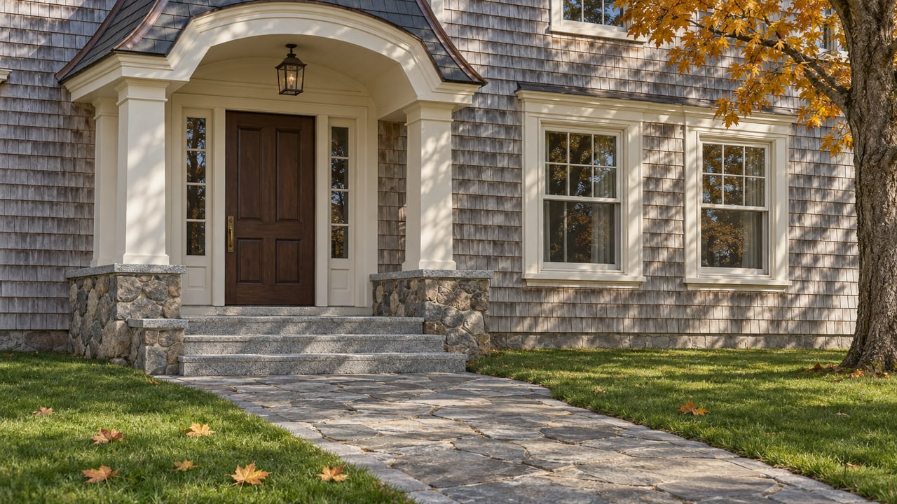 Weathered cedar-shingle home with an oak entry door, granite steps and divided-light windows in clear autumn afternoon light.