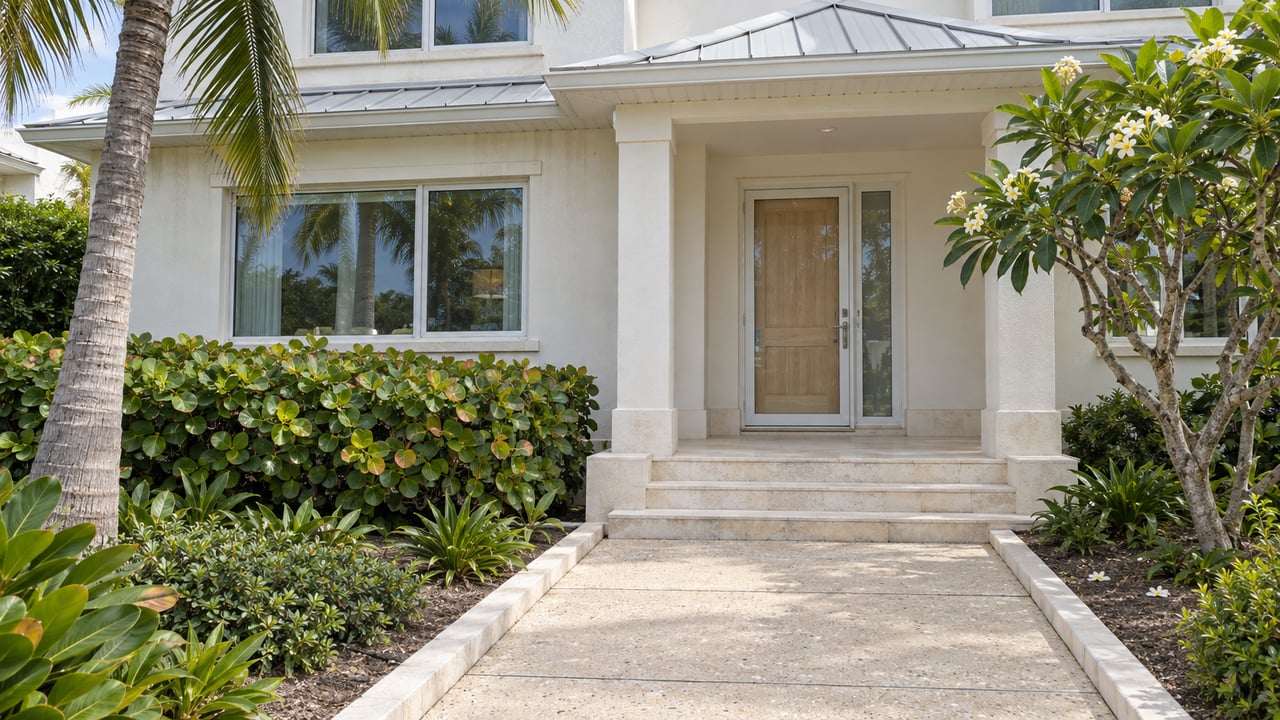 Sunlit cream-stucco home entrance with shell-limestone steps, a pale concrete garden walk, coconut palm and flowering plumeria.