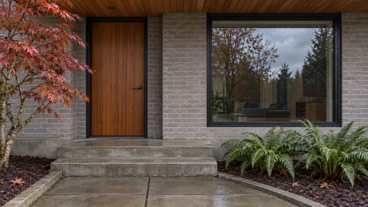 A sheltered cedar front door and black-framed window in a painted brick home, beside damp concrete steps, copper-red vine maple leaves and sword ferns.