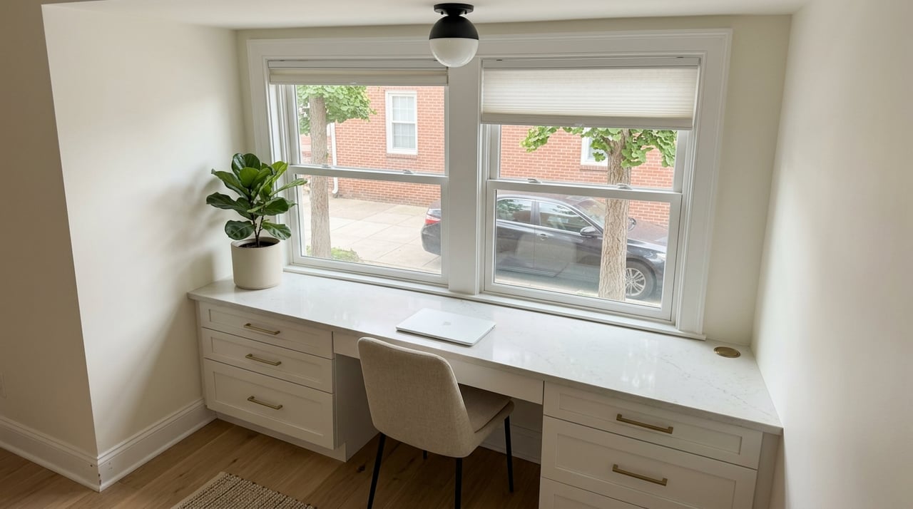 Renovated office nook with brass-pull millwork and double-hung windows overlooking a walkable streetscape.