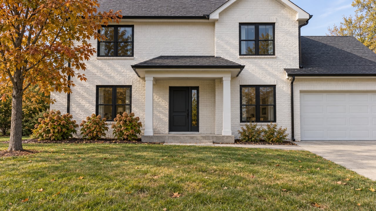 Updated white-painted brick home with black-framed windows, a covered front entry, broad autumn lawn and oakleaf hydrangeas.