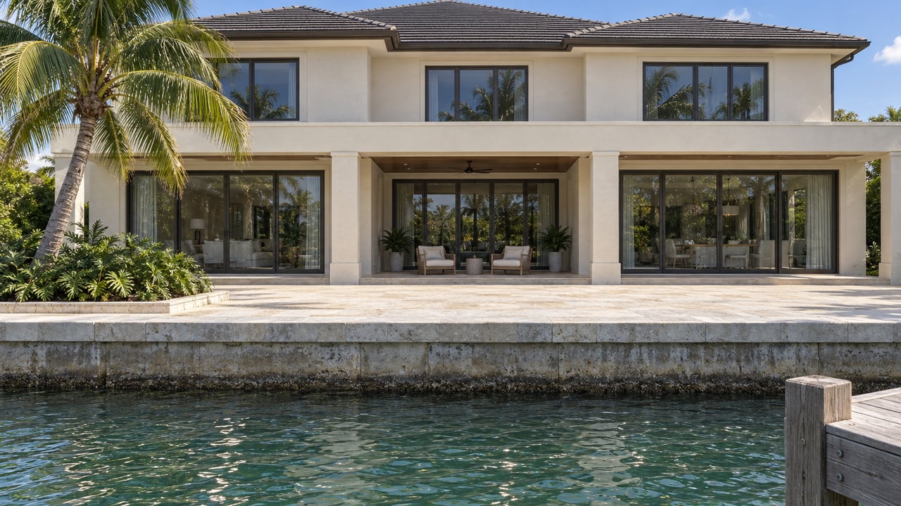 Cream stucco waterfront residence with a shaded limestone loggia, silvered timber landing and calm green-blue water.