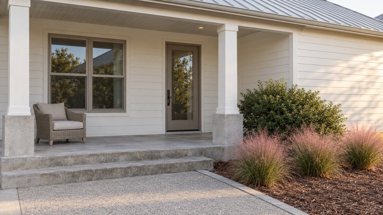 Sunlit white-sided home with a covered concrete porch, taupe-framed door and window, and pink muhly grass beside the front walk.