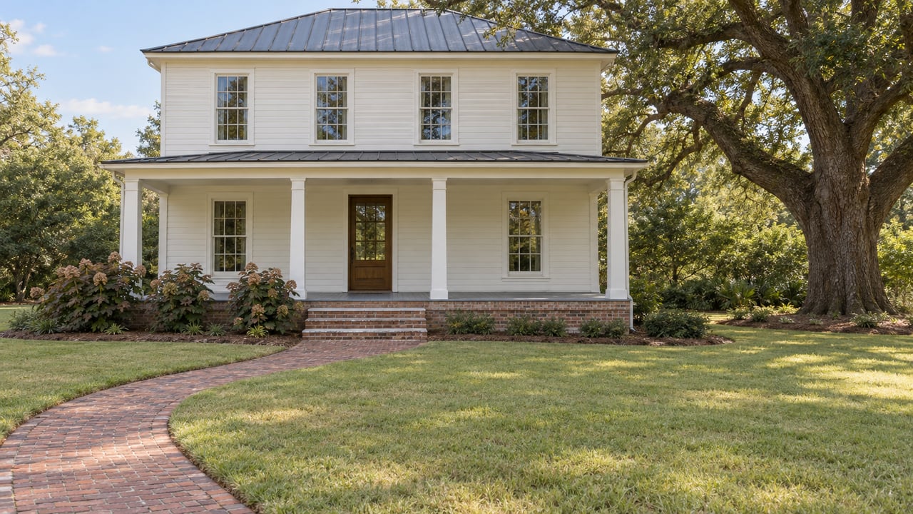 An ivory clapboard house with a broad porch beyond a deep lawn and curved brick walk, beside a mature spreading live oak.
