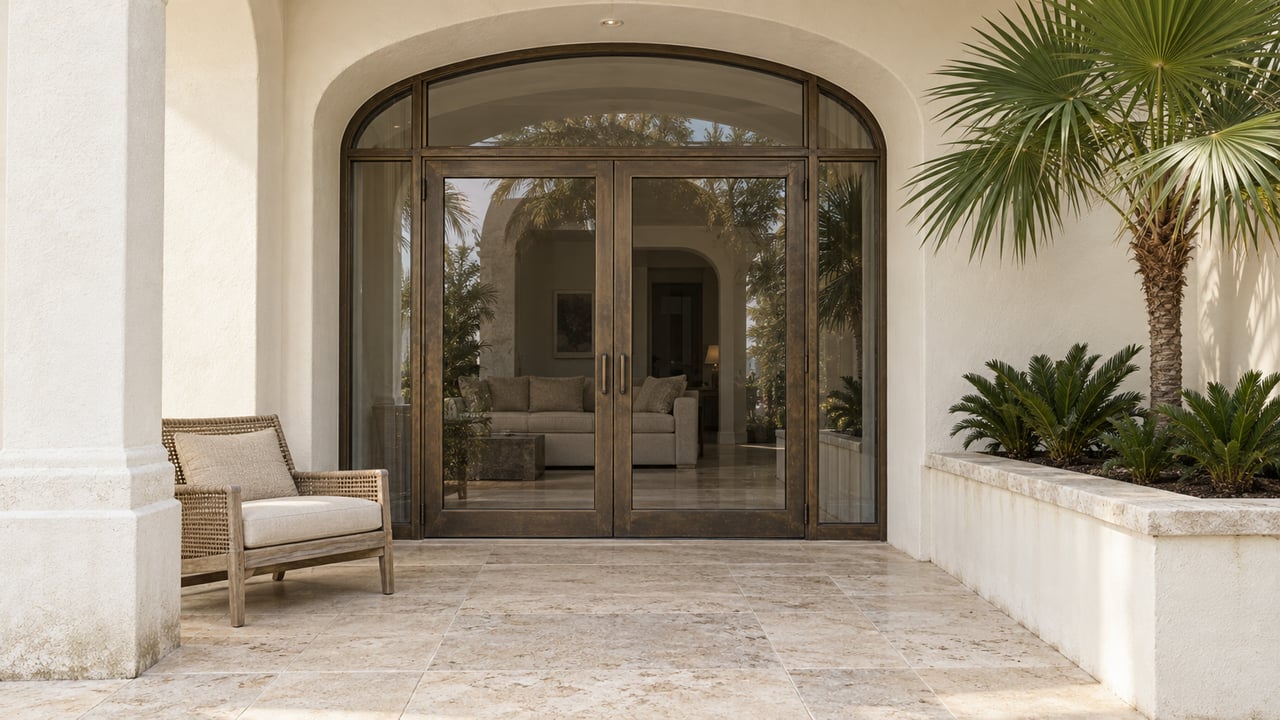 A cream stucco condominium terrace with arched bronze-framed glass doors, limestone paving and a fan palm in a raised planter.