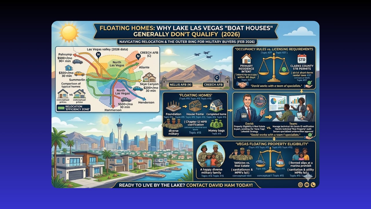 Infographic explaining why Lake Las Vegas floating homes generally do not qualify for VA loans.