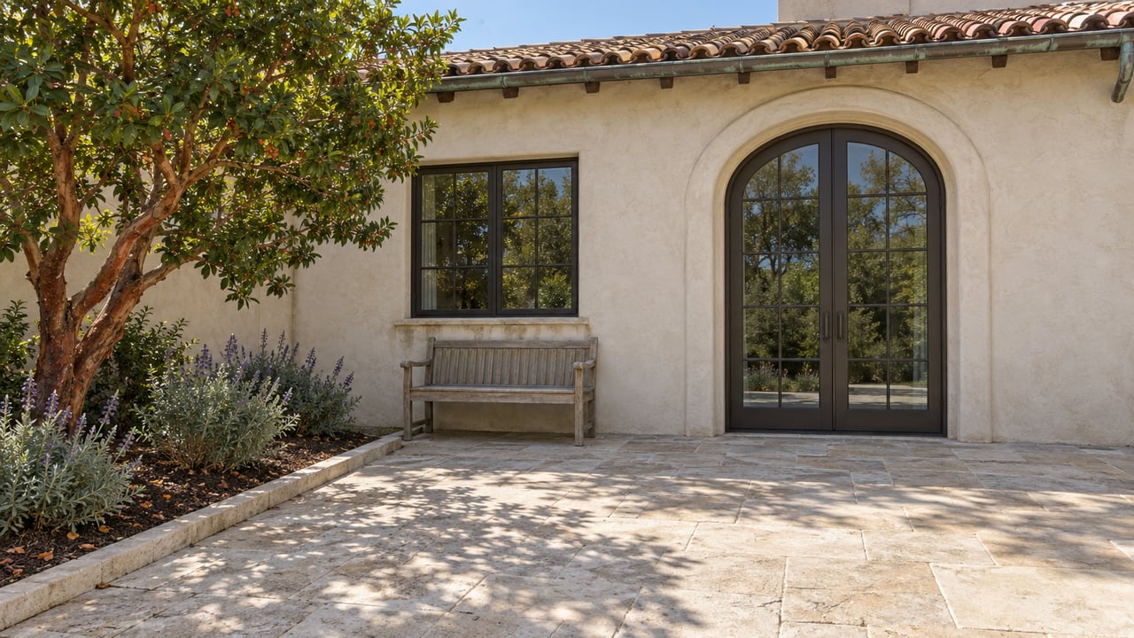 Sunlit stucco home with terra-cotta roof tiles, arched French doors and a limestone garden terrace beside a strawberry tree.