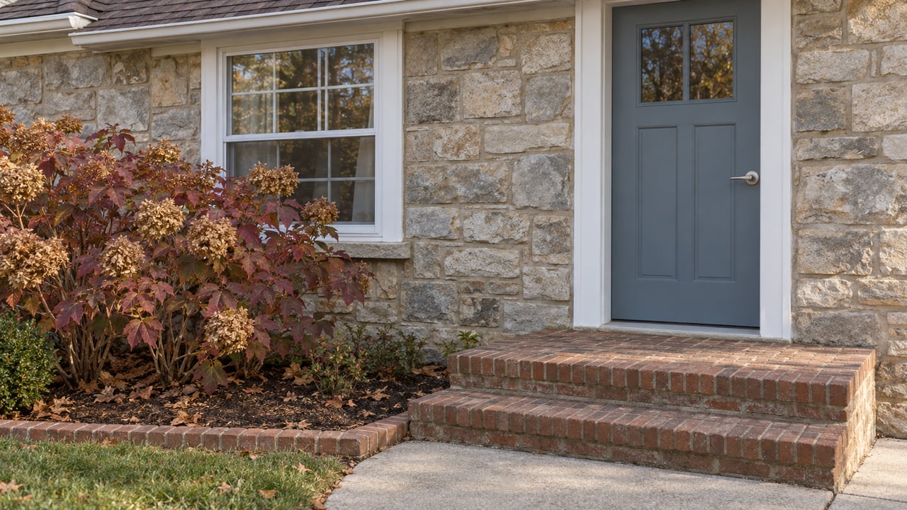 Stone-faced cottage entry with a blue-gray door, worn brick steps and burgundy oakleaf hydrangea beside a white-framed window.