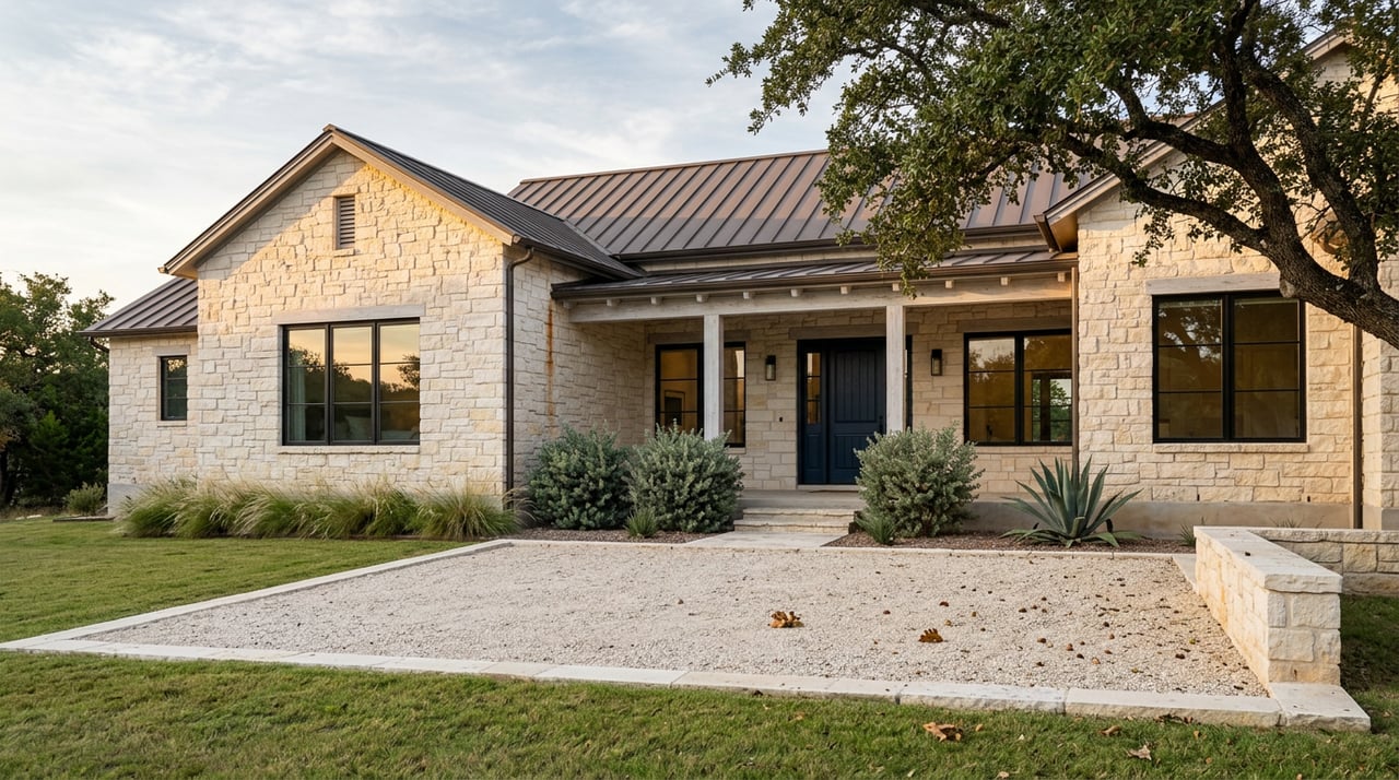 Limestone Hill Country home with bronze roof, navy door, live oak, and limestone motor court.