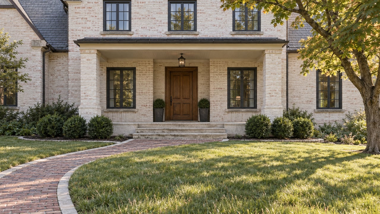 Ivory brick home with dark windows and an oak entry beyond a deep lawn and curved brick approach in morning light.