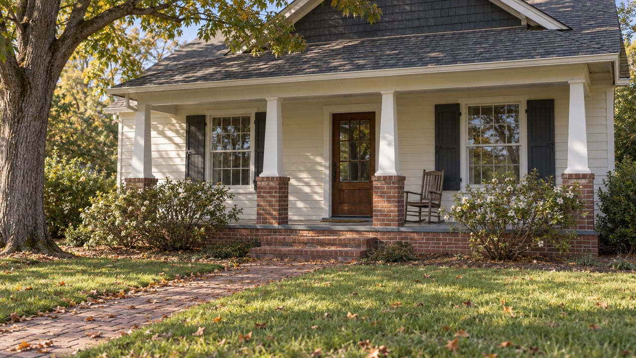Cream-sided house with a covered porch, brick steps, two azaleas, and a brick walk beneath an oak.