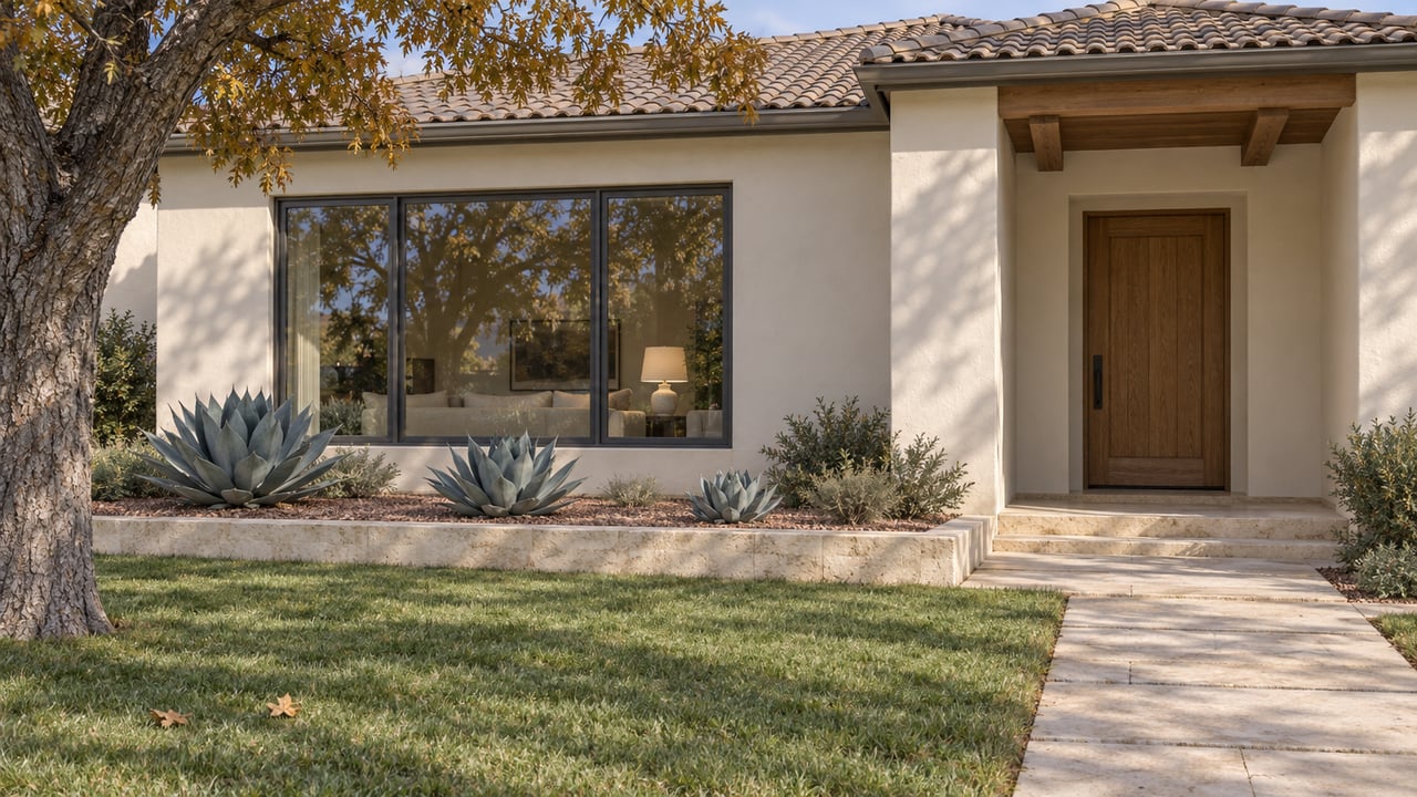 Cream stucco home with a broad glazed window, recessed oak entry, limestone path and established pecan tree beside a green lawn.