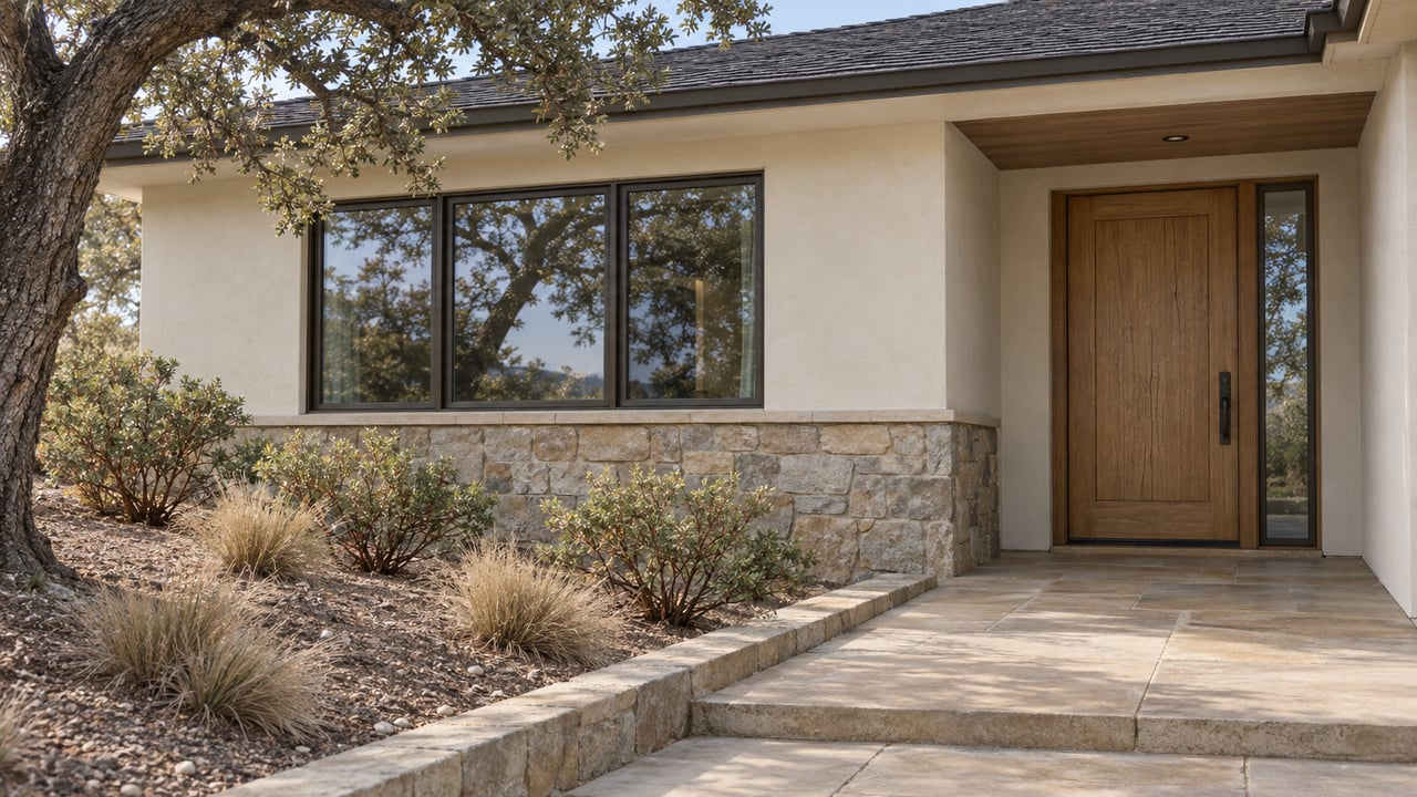 An ivory stucco home with an oak entry door, stone accents and a sandstone approach beside a mature blue oak and dry-slope planting.