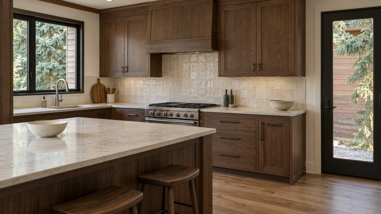 Walnut-stained oak cabinets and pale tile backsplash beside a black-framed window overlooking cedar siding.